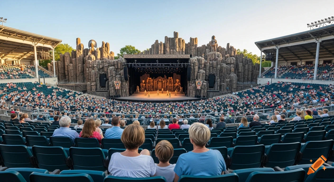 Photorealistic view of a large audience watching a performance on a rocky outdoor stage at an open-air amphitheater during daytime.