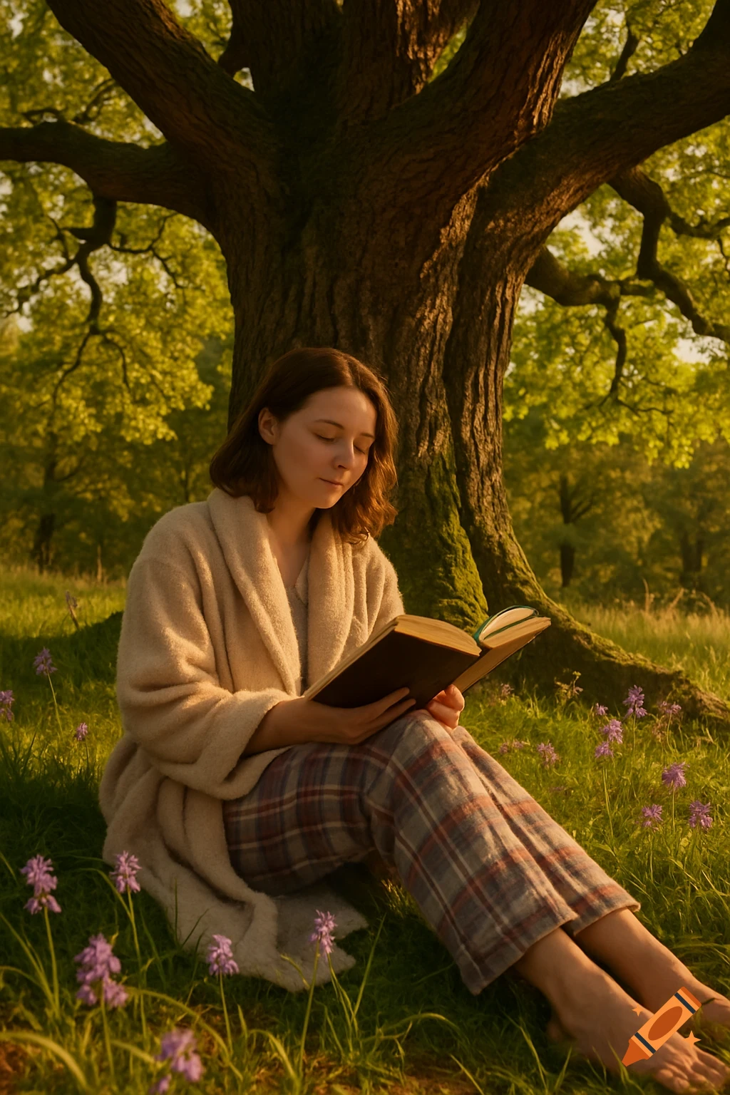 A woman in pajamas sits barefoot under a large tree, engrossed in reading a book in a sun-dappled grassy field.