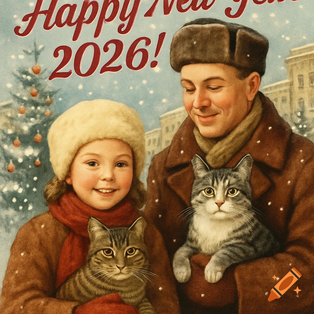 Vintage Soviet-style illustration of a girl holding a tabby cat and a man holding a striped cat in a snowy city, with "Happy New Year 2026!" above.