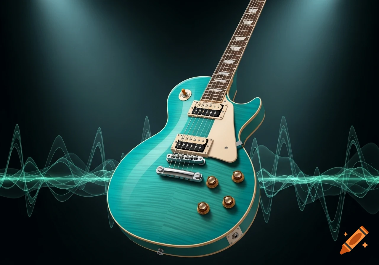 A vibrant turquoise electric guitar with white pickups and chrome hardware, set against a dark background with teal sound waves.