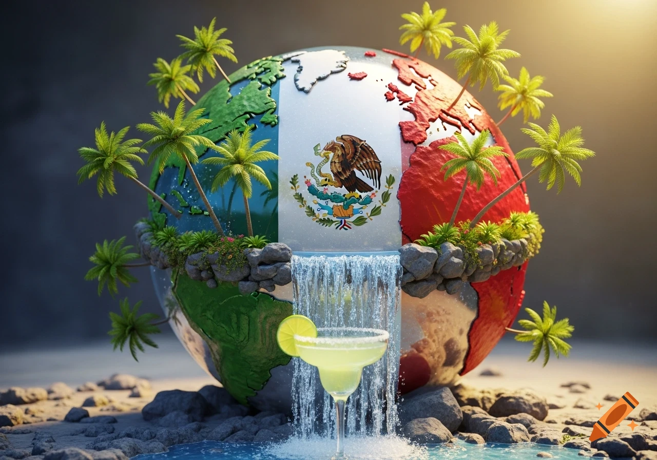 A stylized globe painted with the Mexican flag and emblem, surrounded by palm trees, with a waterfall flowing into a margarita cocktail on a sandy beach.