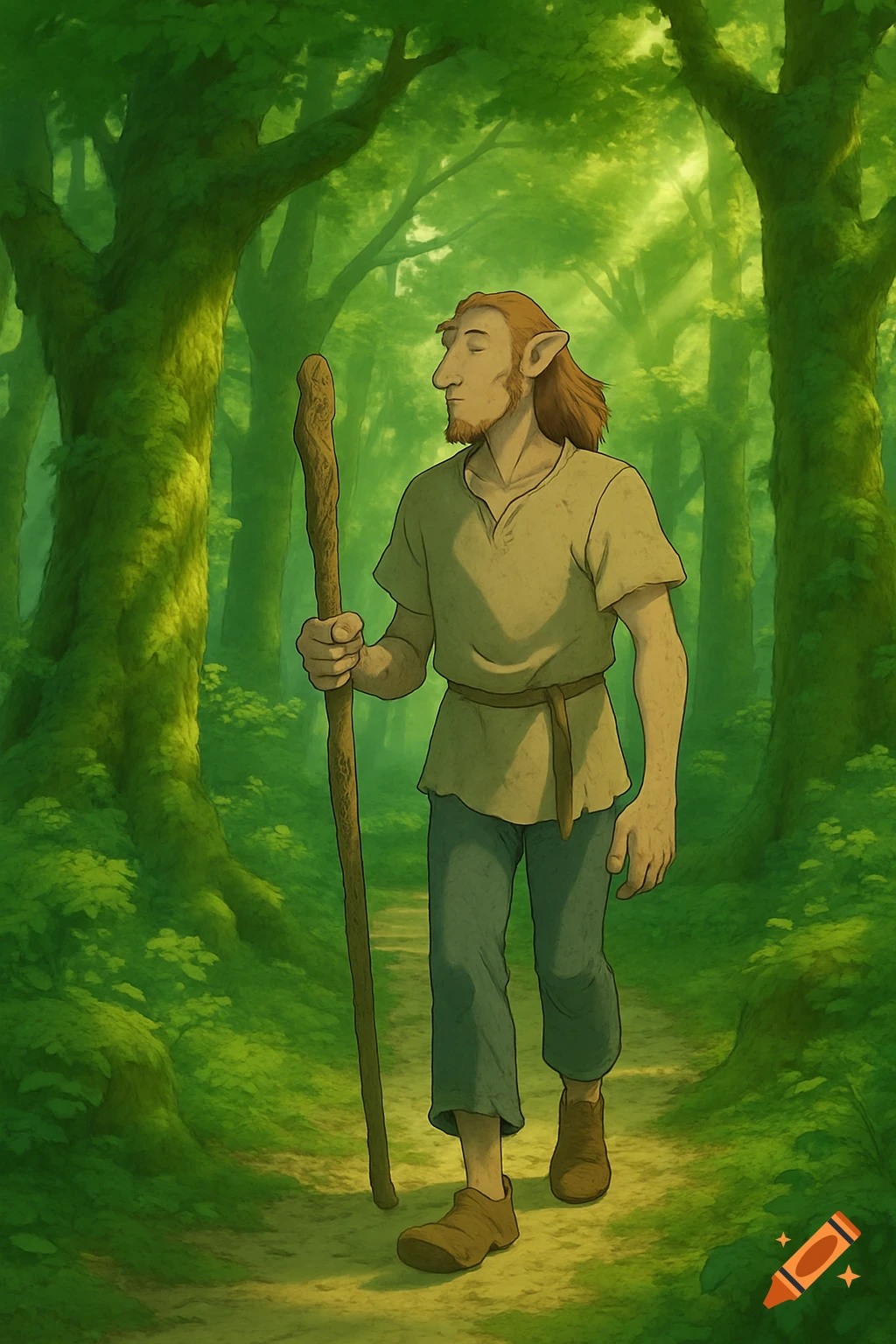 A long-haired, bearded man with pointed ears walks through a lush ...