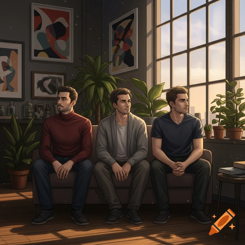 Three men with dark hair and beards sit on a sofa in a sunlit room filled with plants and abstract art, appearing to be in thought. Illustrated style.