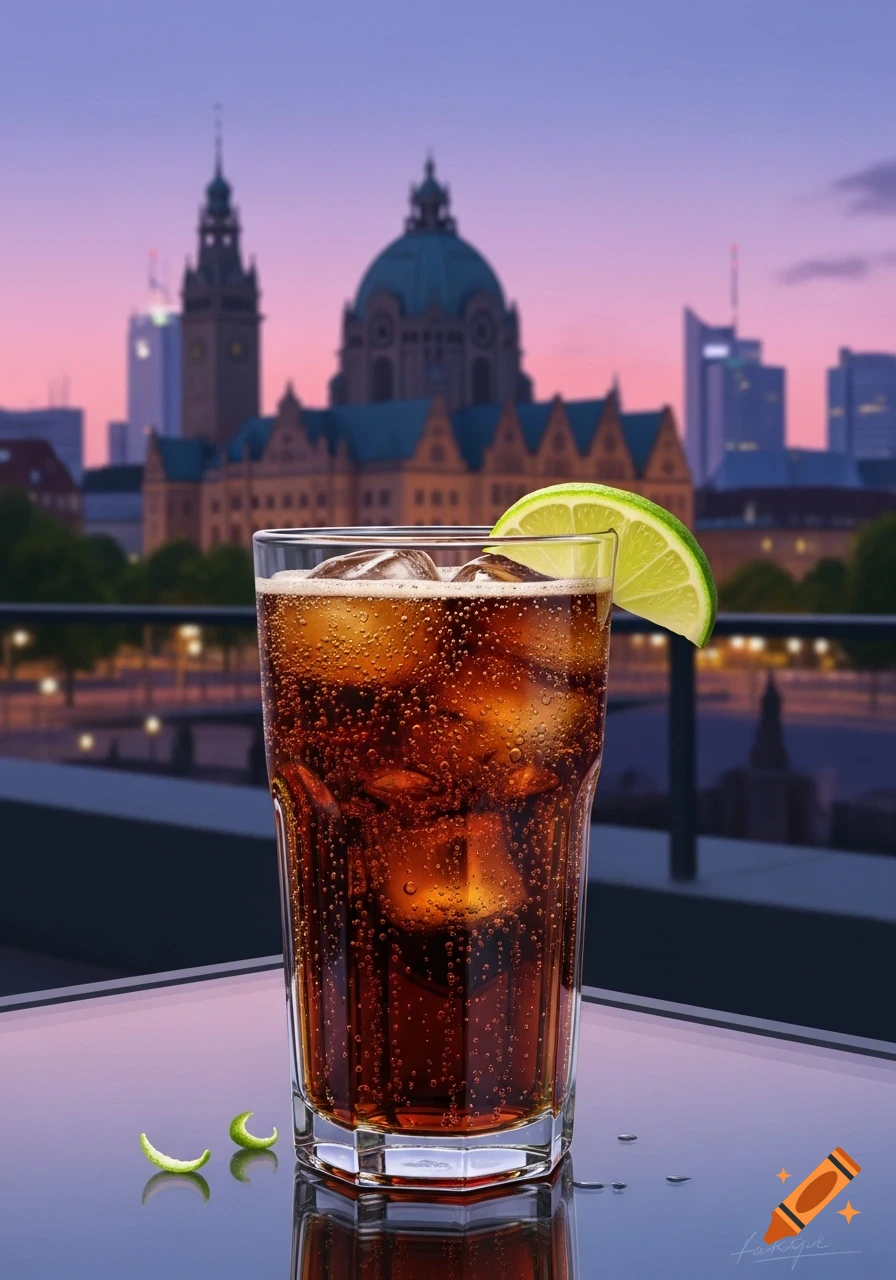 Photorealistic image of a cola and rum drink with lime, on a rooftop bar overlooking the Hannover skyline at sunset.