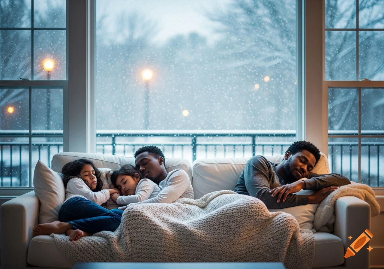 Two men and two girls sleep soundly on a white sofa under a blanket, with snow falling outside a large window.