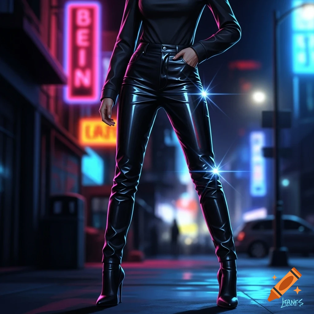 Cropped view of a person wearing black shiny leather pants and high heels, standing on a neon-lit city street at night in a photorealistic style.