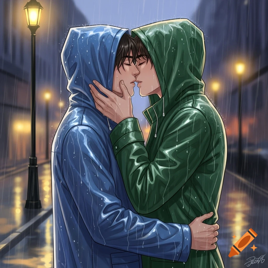 Two anime-style men in raincoats kiss passionately under a streetlight in the pouring rain.