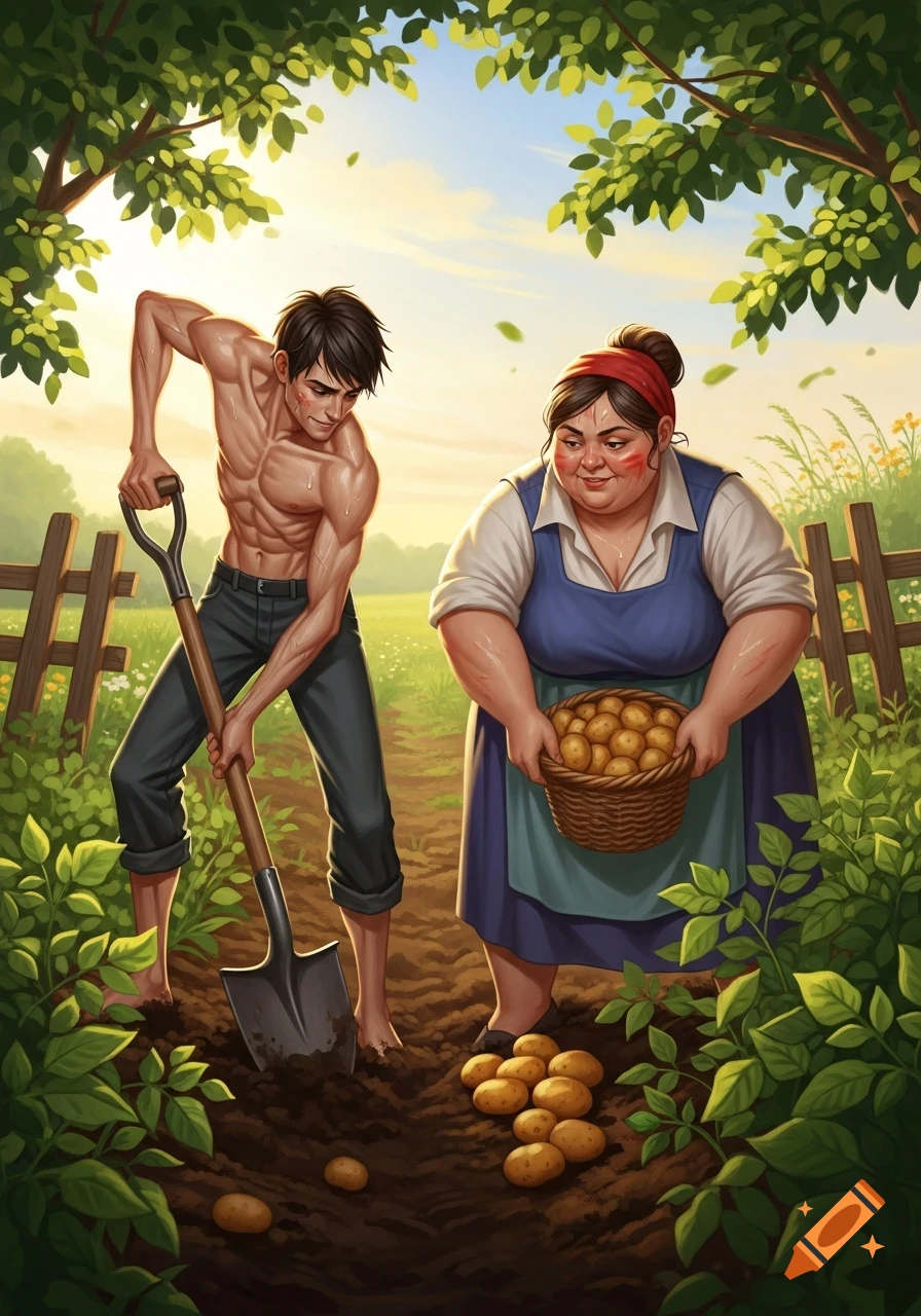 A shirtless man digs potatoes with a shovel next to an obese woman holding a basket of potatoes in a sunny field, digital art.