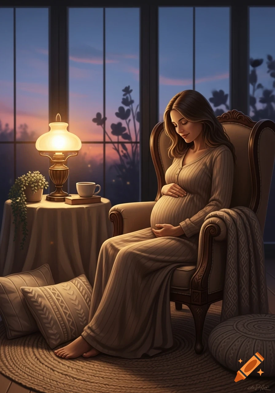 A pregnant woman sits comfortably in an armchair, gently holding her belly, bathed in the soft glow of a lamp and evening light from a large window.