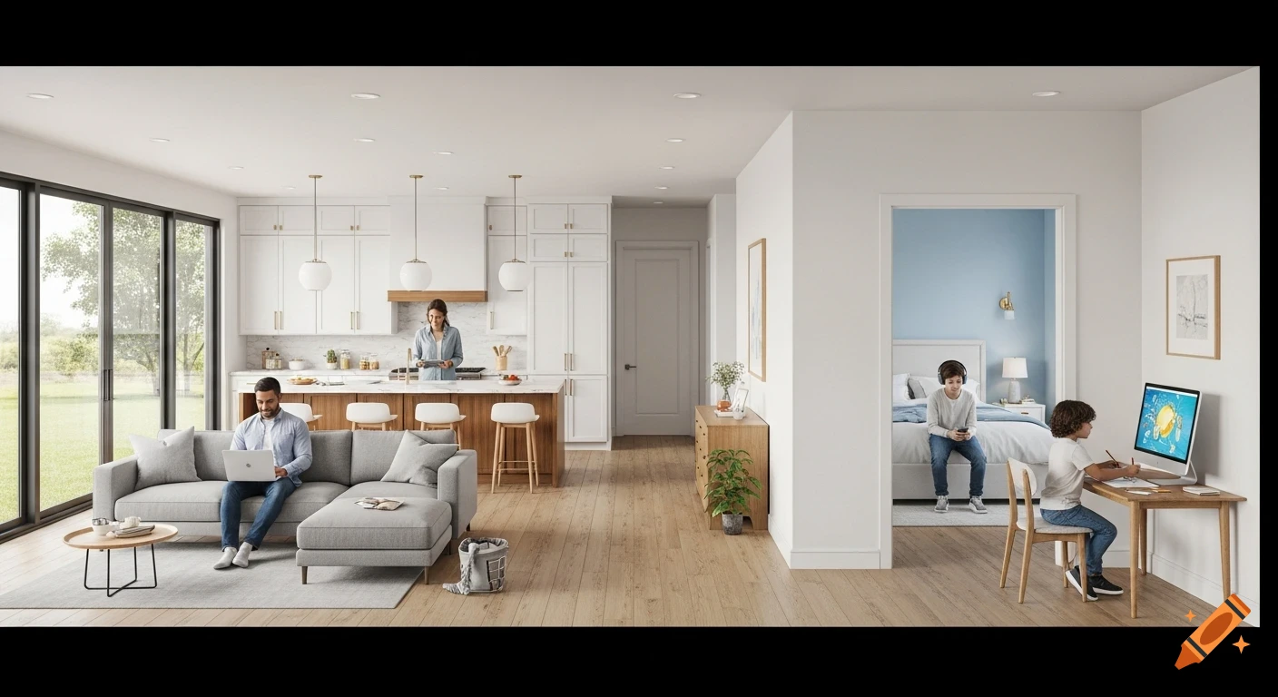 Photorealistic wide-angle view of a modern open-plan home with a family using devices in the living room, kitchen, and bedroom.