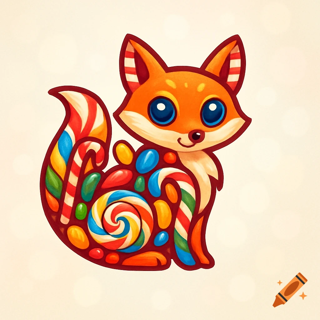 A cartoon fox made of colorful candies, lollipops, and candy canes, on a light background with subtle bokeh.