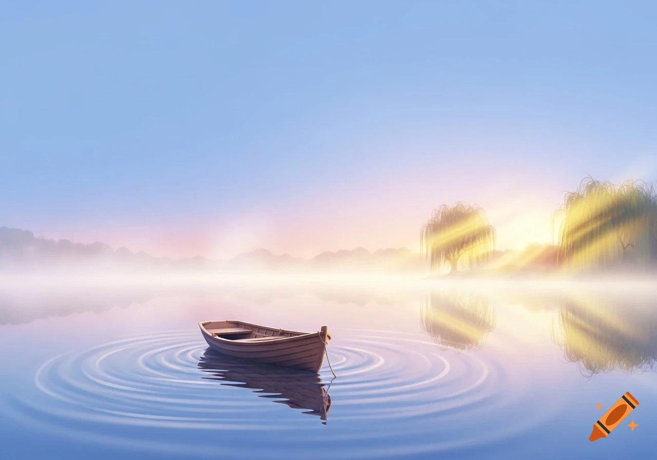 A serene wooden rowboat floats on a calm, misty lake at sunrise with distant mountains and willowy trees.