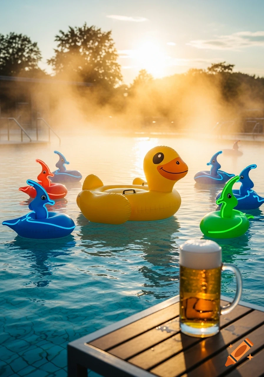 Photorealistic image of a yellow rubber duck float and glowing animal inflatables in a steaming outdoor pool with a mug of beer on a table at sunrise.