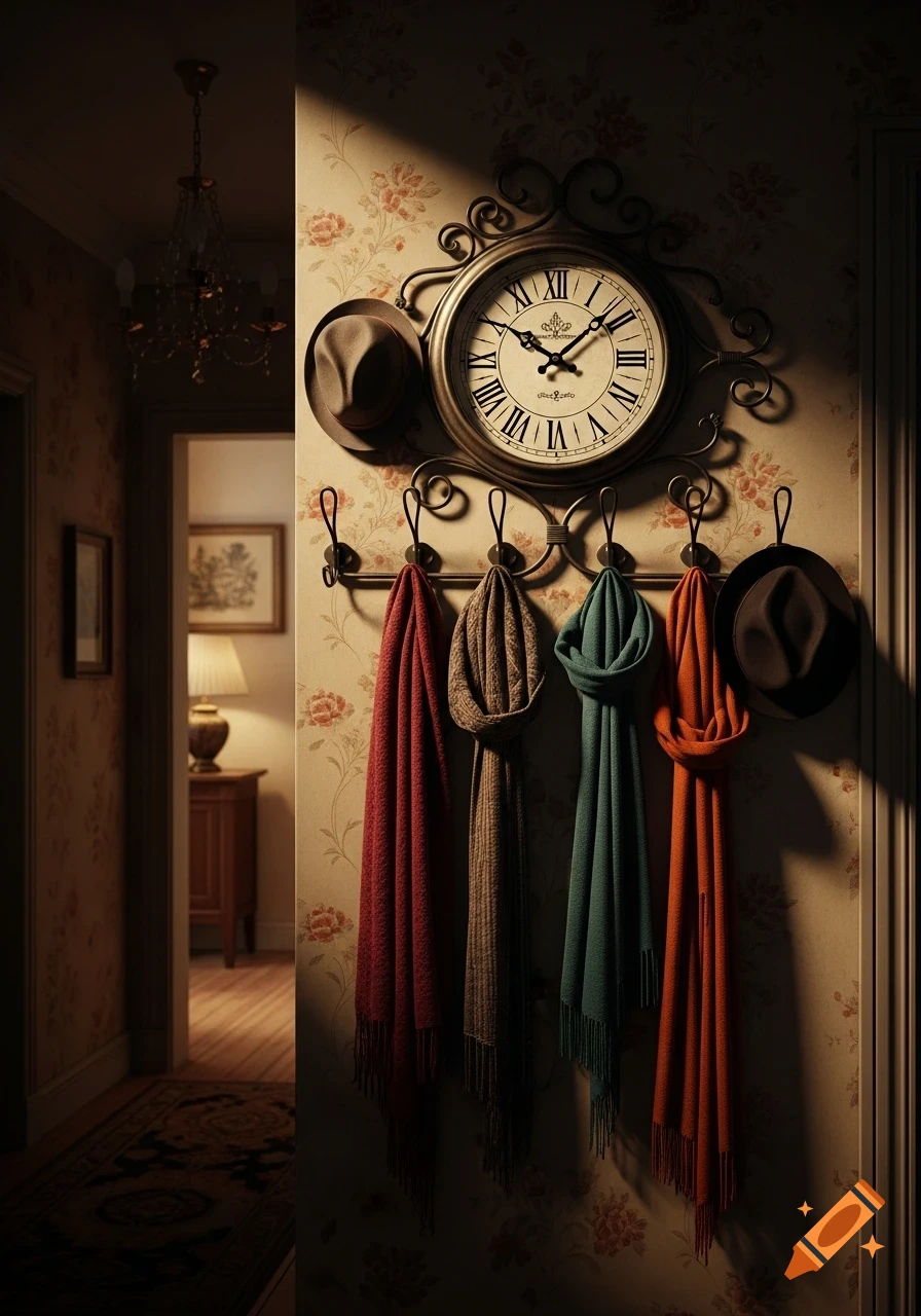 An antique-style wall clock with Roman numerals, flanked by two hats, hangs above a rack holding four colorful scarves in a dimly lit hallway with floral wallpaper.