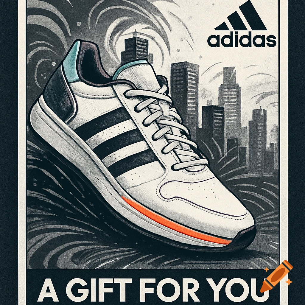 A stylized poster of a white Adidas sneaker with black stripes against a city skyline, featuring text 'Adidas' and 'A GIFT FOR YOU'.