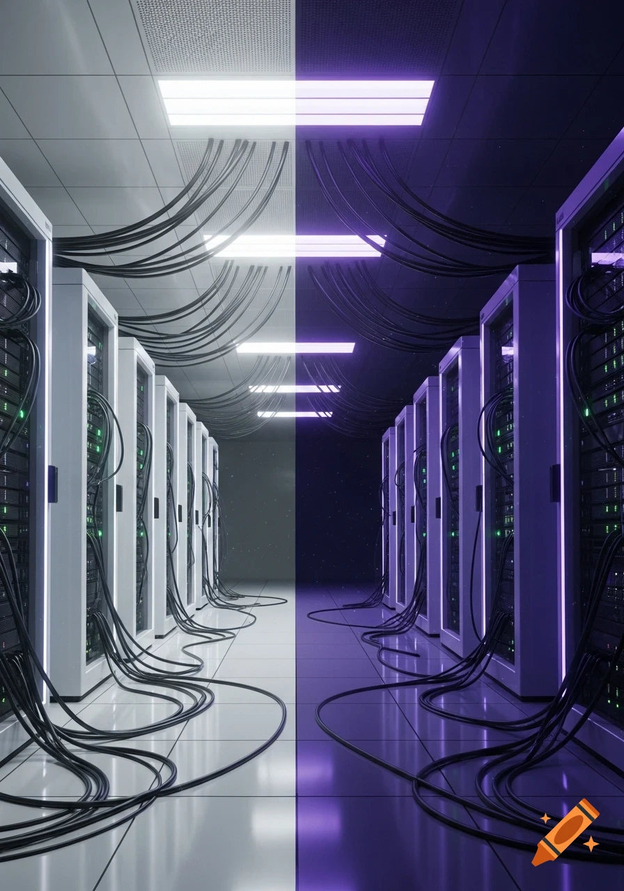Server room with a day and night contrast, one side bright white, the other dark purple, with rows of glowing server racks and cables.