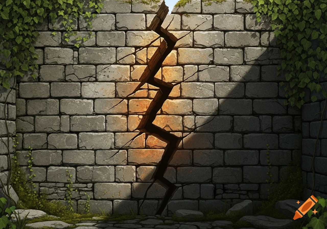 A weathered stone brick wall covered in green ivy, with a large, jagged crack running vertically down the center.