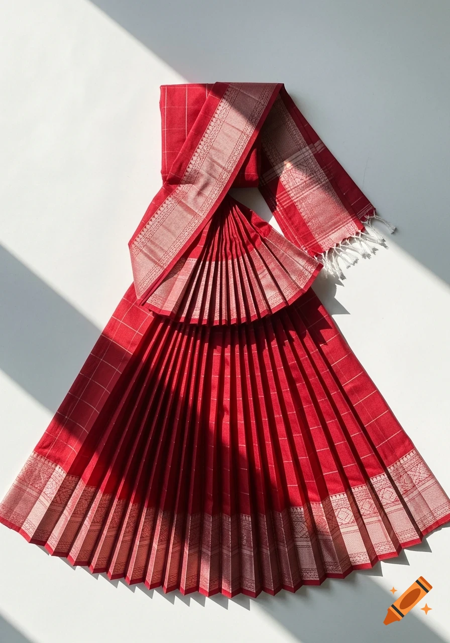 Intricately folded red and white sari with a decorative border on a white background with shadows.