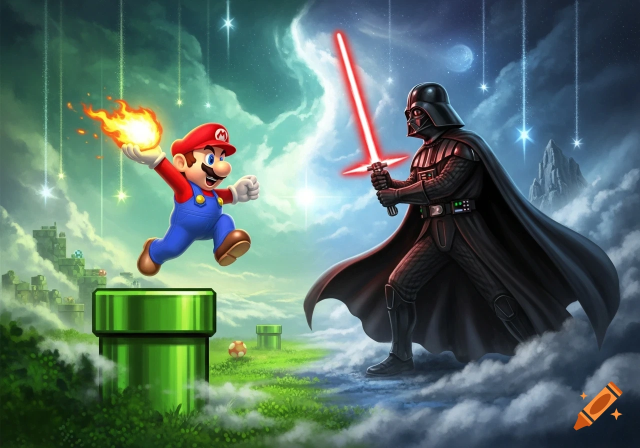 Mario, mid-jump with a fireball, confronts Darth Vader holding a red crossguard lightsaber in a fantastical sky world.