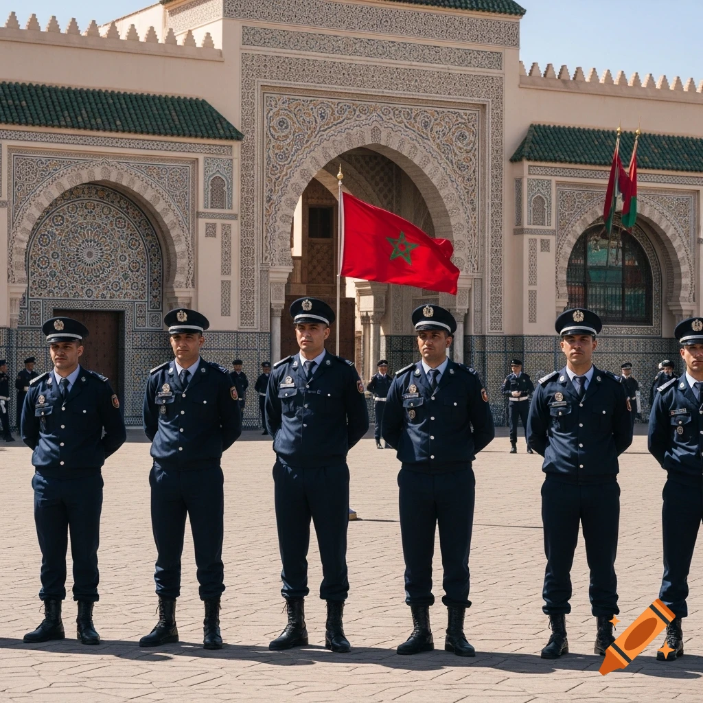 Moroccan police officers in uniform stand in formation before an ornate building with a waving Moroccan flag.