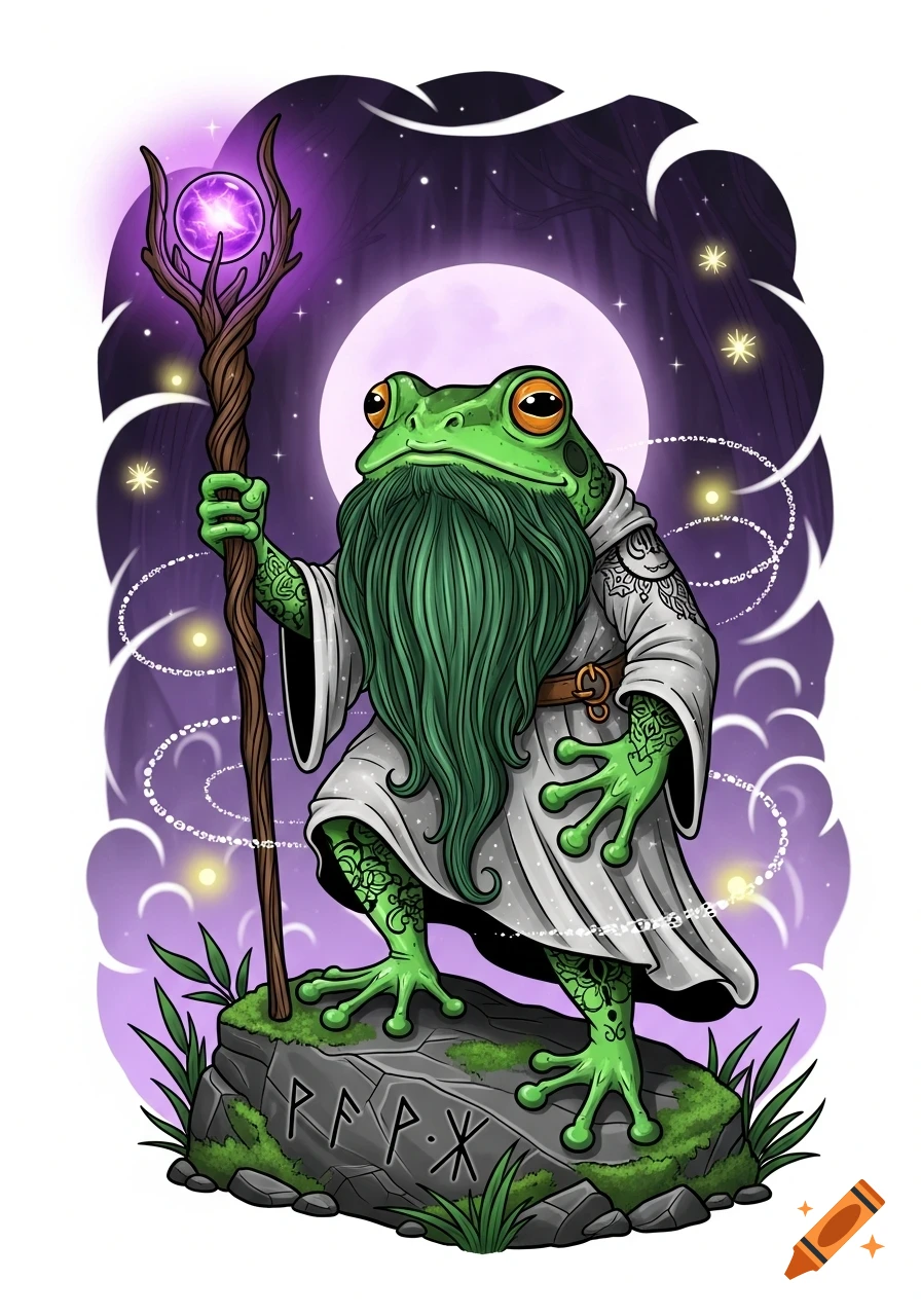 A green frog wizard with a long beard and white robe holds a glowing staff, standing on a rune-carved rock under a full moon. Tattoo art style.