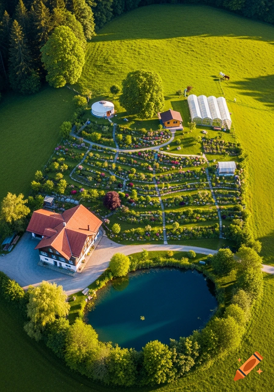 Aerial, photorealistic view of a rural property with a red-roofed farmhouse, deep blue pond, terraced flower gardens, yurt, and greenhouses in golden hour light.
