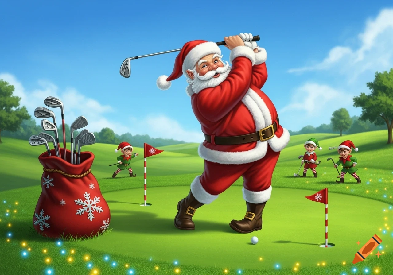Santa Claus in a red suit swings a golf club on a sunny green course, with three elves watching and a red bag of golf clubs nearby.