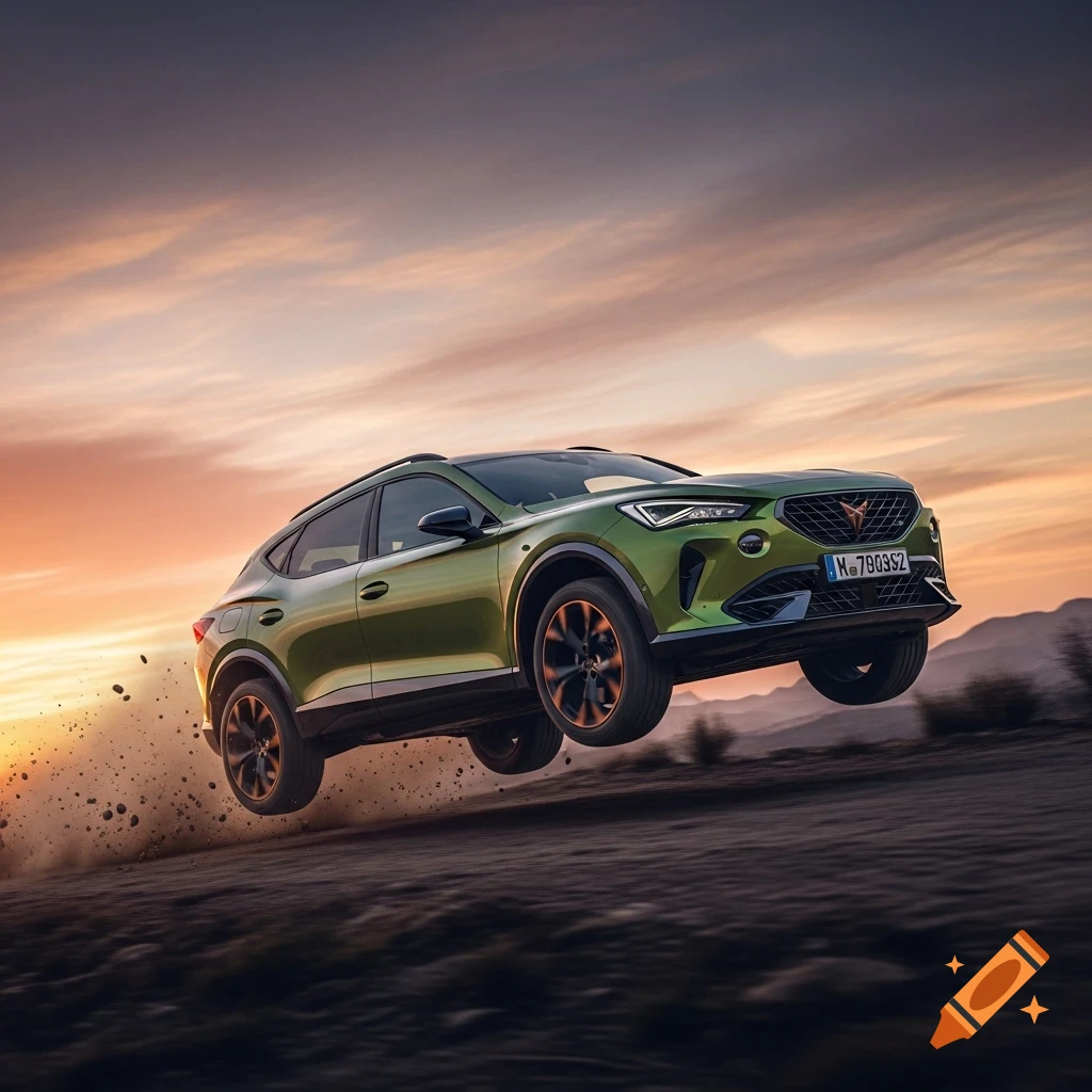 Green Cupra Formentor SUV jumping off a dirt road at sunset, stirring up dust. Photorealistic.