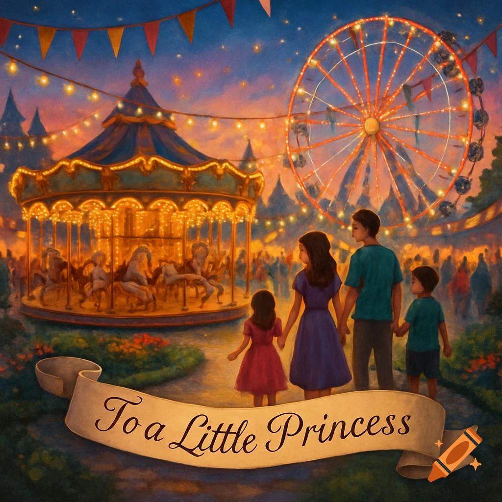 A family of four at a vibrant amusement park with a lit-up carousel and Ferris wheel at dusk, with a banner 'To a Little Princess'.