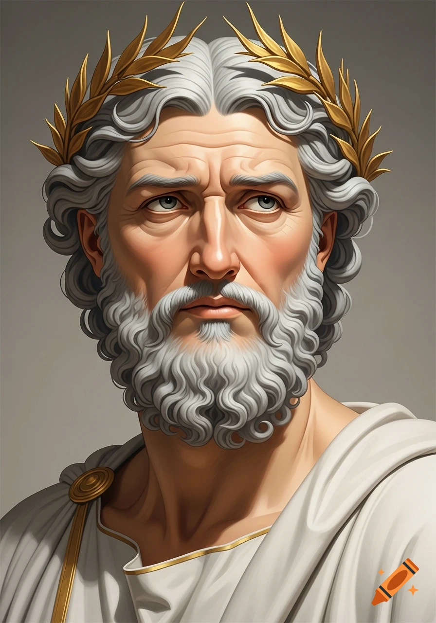 Painterly classical portrait of a dignified older man with a grey beard, golden laurel wreath, and white toga.