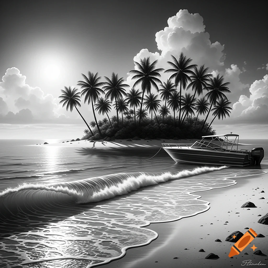 Black and white image of a tropical island with palm trees, a sandy beach, and a boat moored in the ocean with breaking waves.
