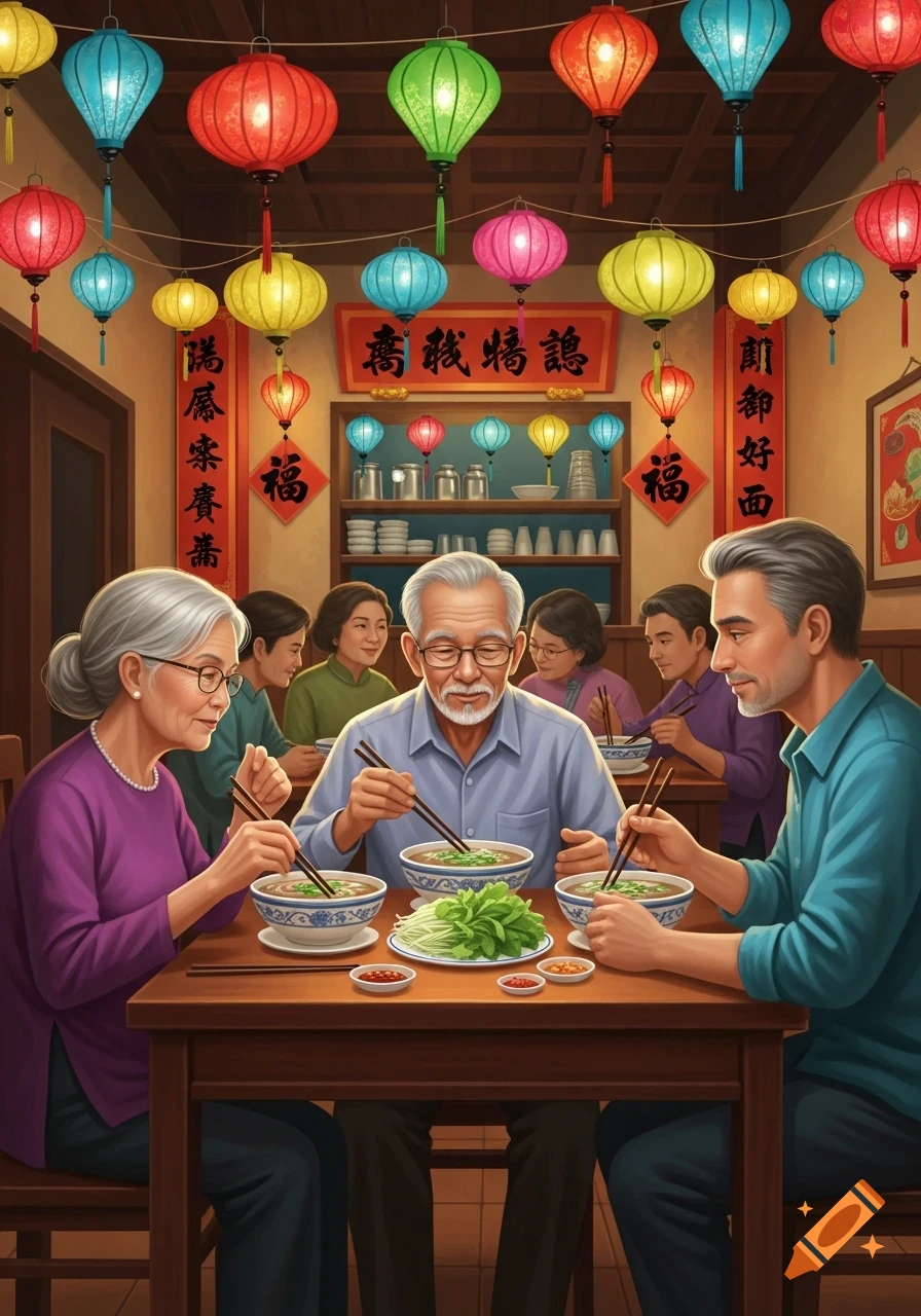 An elderly couple and their middle-aged son eat pho with chopsticks at a wooden table in a vibrant Vietnamese restaurant adorned with colorful lanterns and traditional red banners.