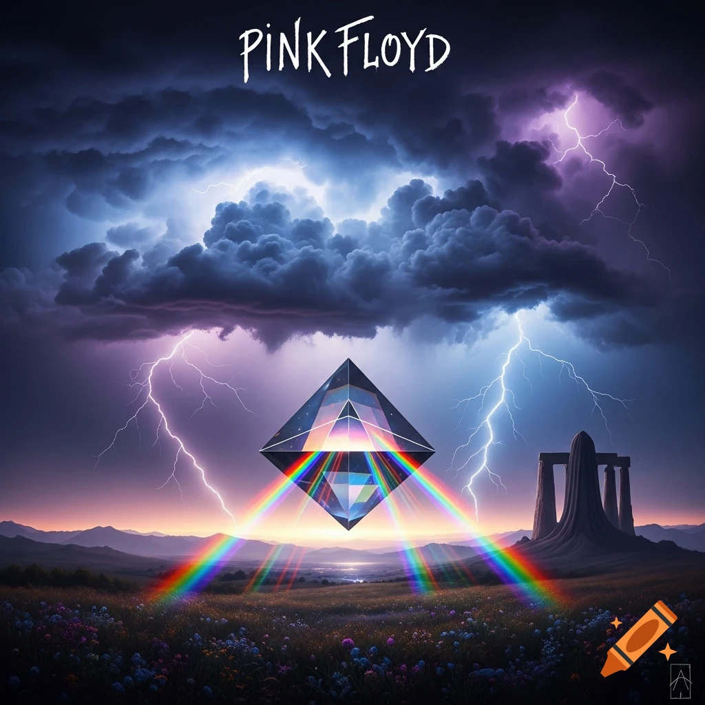 A vibrant landscape with a floating prism emitting a rainbow spectrum, under a dramatic lightning-filled sky, with the text "PINK FLOYD".