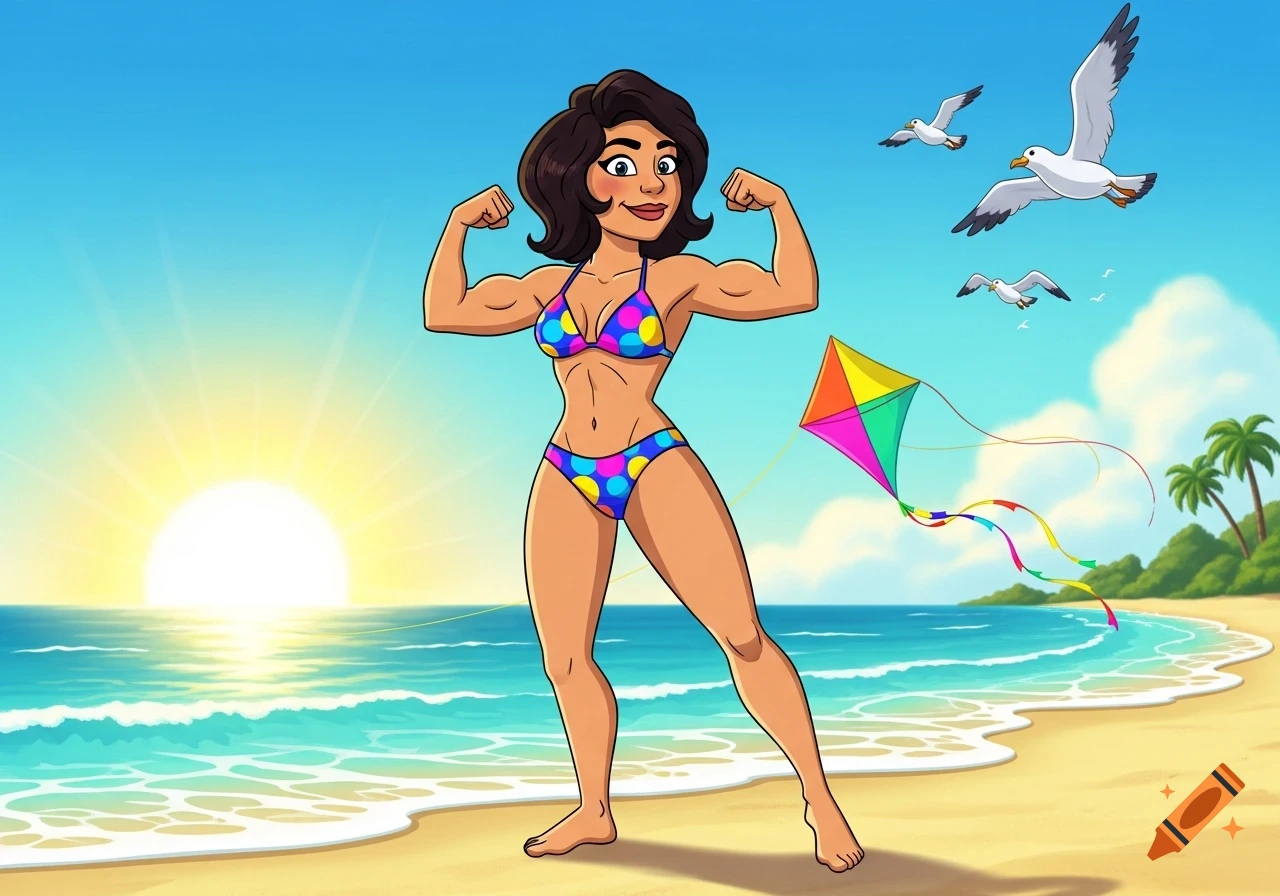 A cartoon woman in a colorful polka dot bikini flexes her muscles on a sunny beach with the ocean, palm trees, seagulls, and a kite.