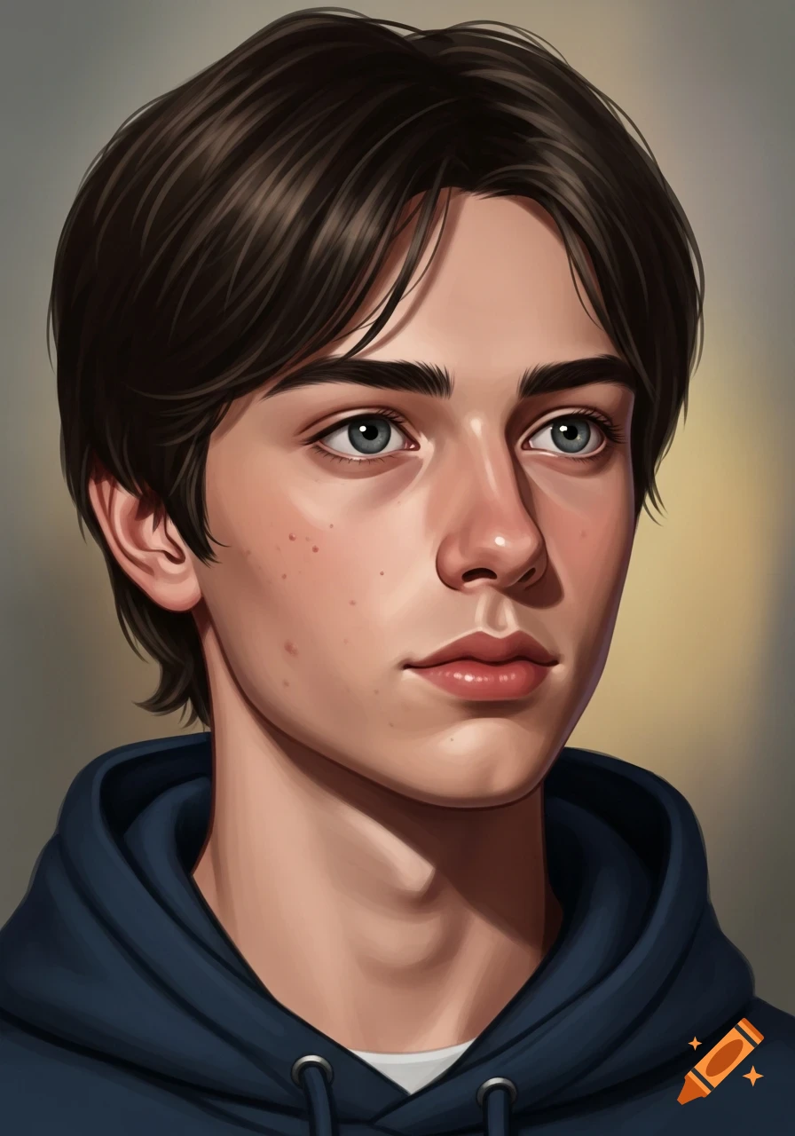 Digital art portrait of a young man with dark brown hair and blue-grey eyes, wearing a dark blue hoodie, looking to the right.