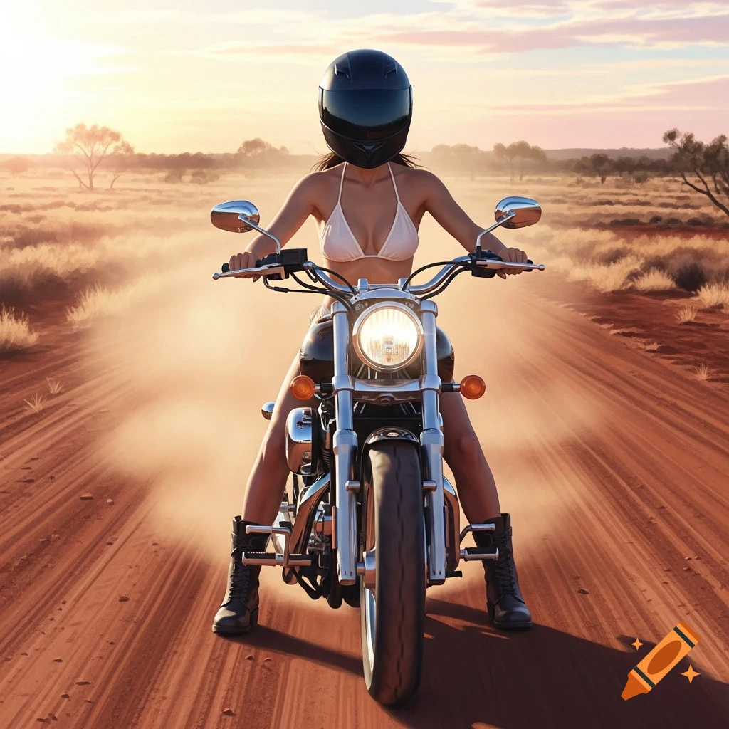 A woman in a bikini, helmet, and boots rides a large motorbike on a dusty Australian outback road at sunrise, photorealistic.