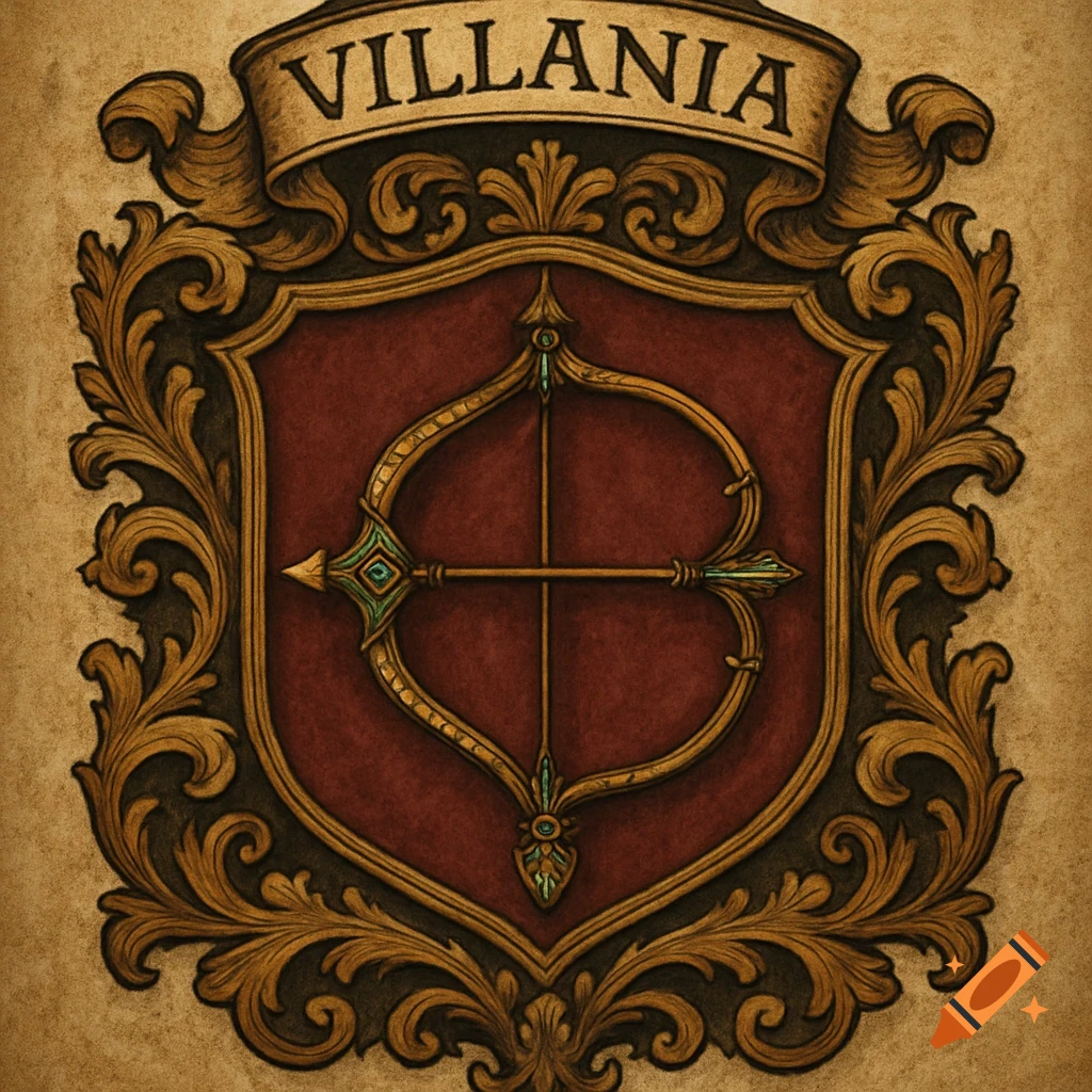 A medieval-style coat of arms with a red shield, golden ornate frame, and a bow and arrow emblem. A banner above reads 'VILLANIA'.