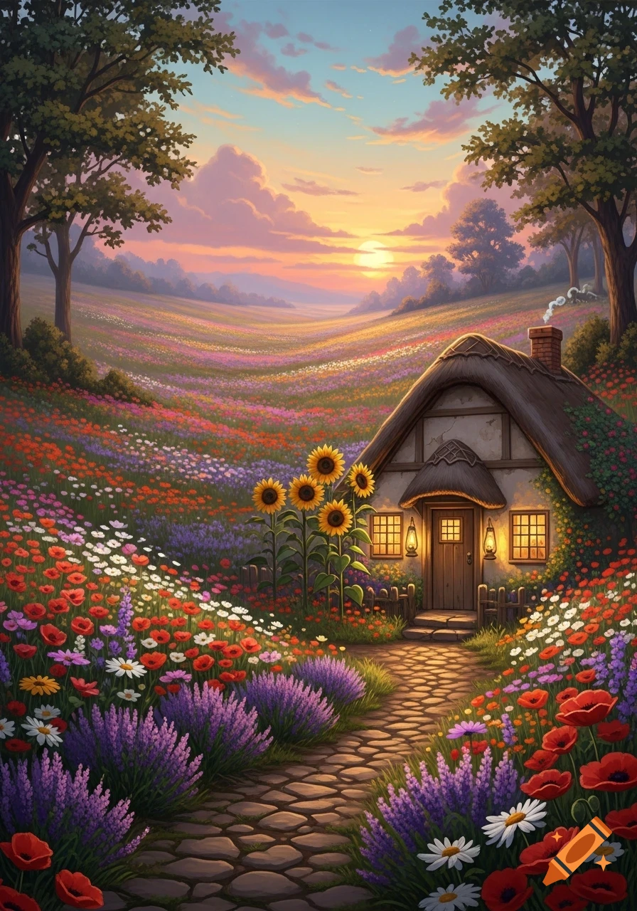 A whimsical illustration of a thatched cottage with glowing windows in a vibrant field of flowers under a colorful sunset sky.