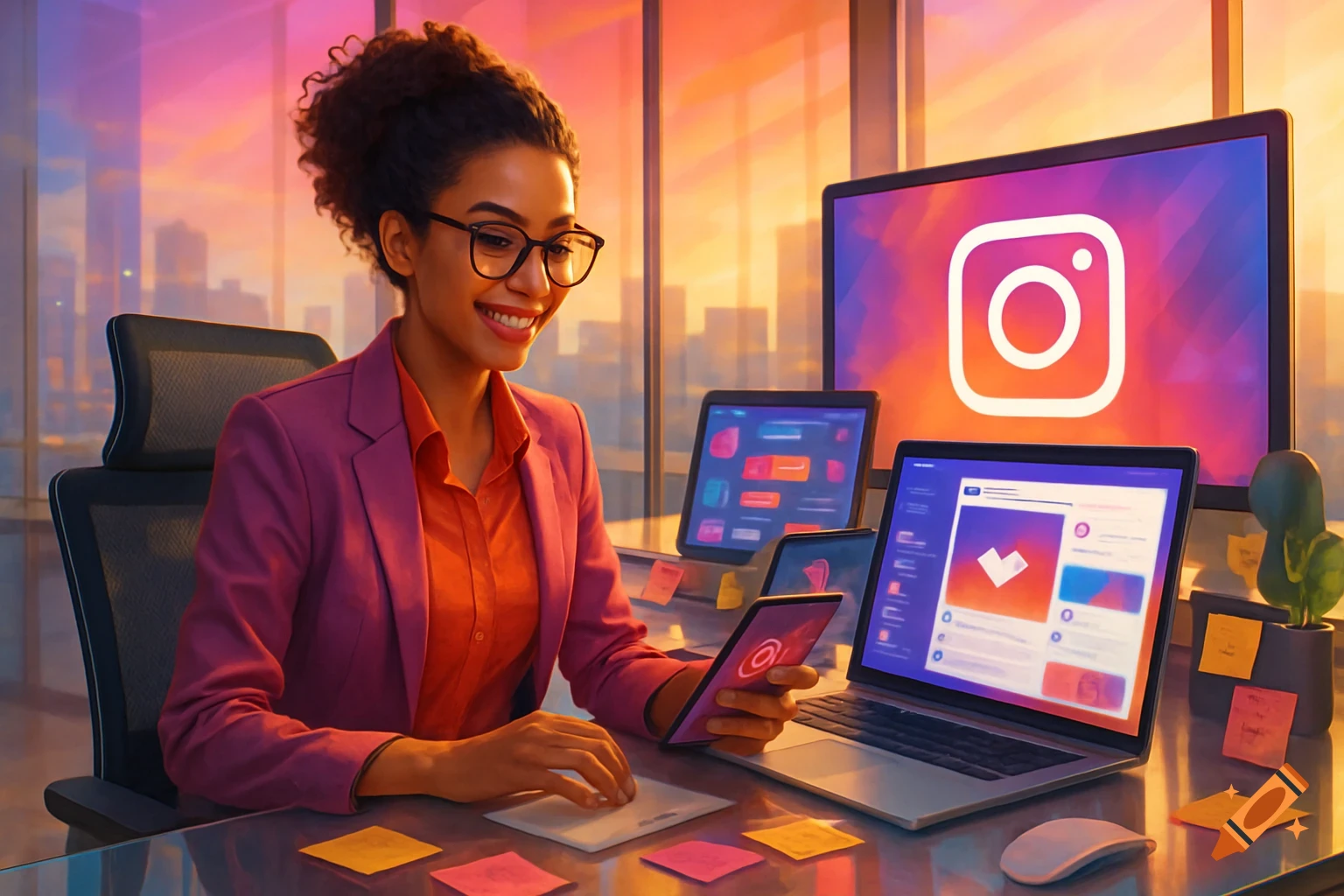 A smiling woman with glasses works at a modern office desk with multiple screens displaying social media interfaces, including a large Instagram logo.