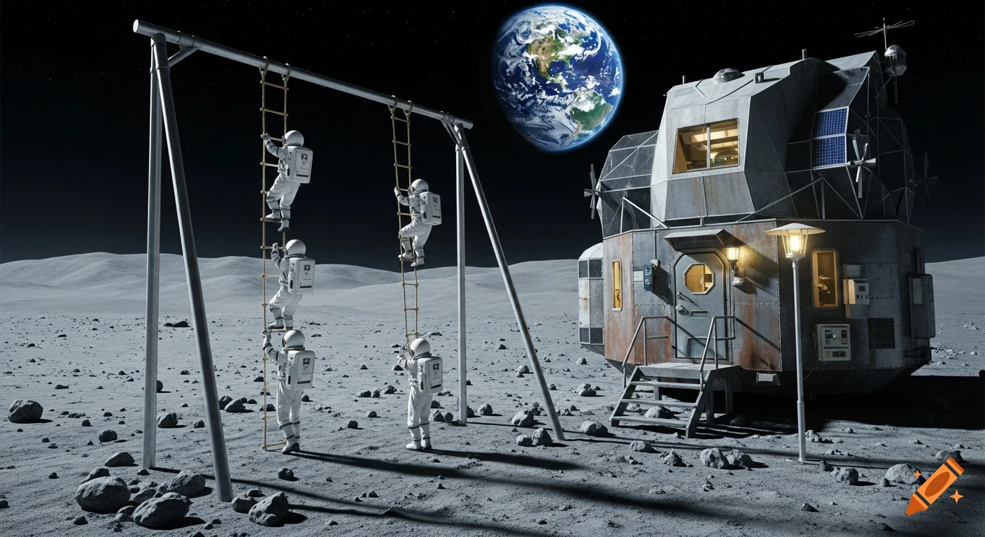 Astronauts climb rope ladders on the moon near a lunar habitat, with Earth visible in the dark sky above, rendered in a realistic sci-fi style.