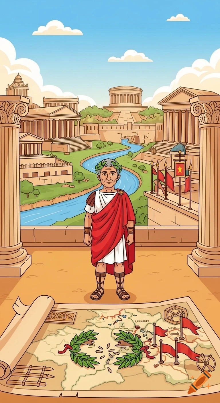 Cartoon illustration of an ancient Roman leader in a red toga and laurel wreath, standing on a balcony overlooking a Roman city, with a map and broken laurel wreath on the ground.