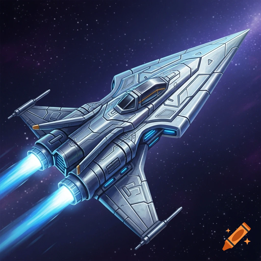 A stylized silver spaceship with blue thruster flames flies through a starry purple-blue space, rendered in a mobile game art style.