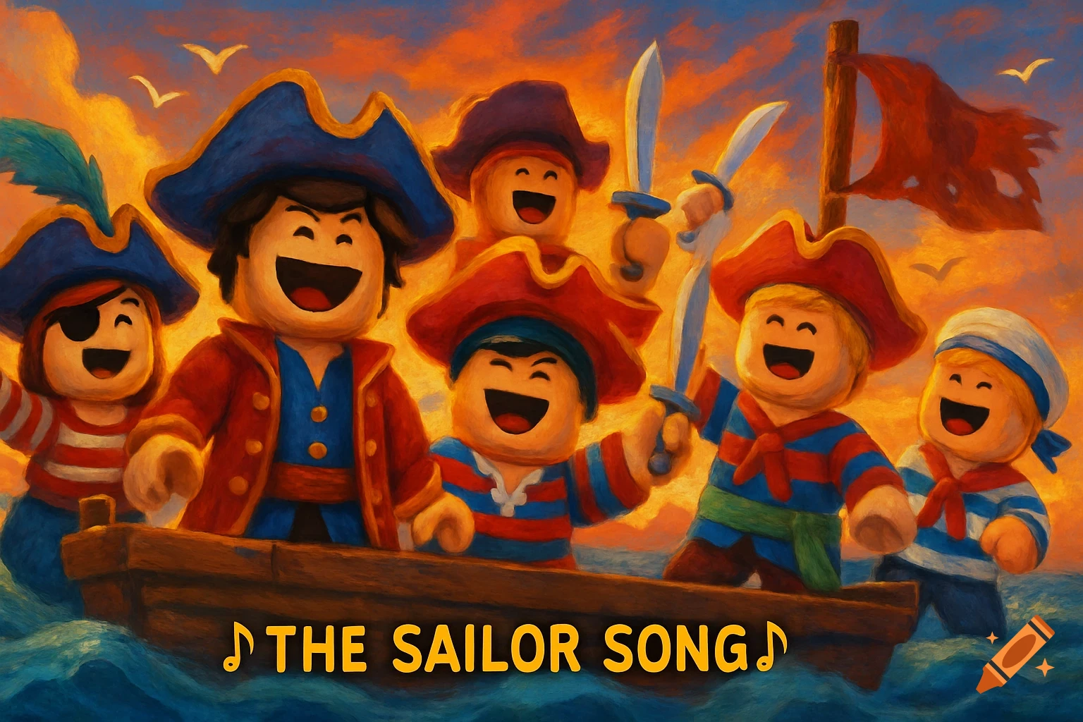 Painterly image of blocky cartoon pirate and sailor characters singing 'The Sailor Song' on a boat at sunset.