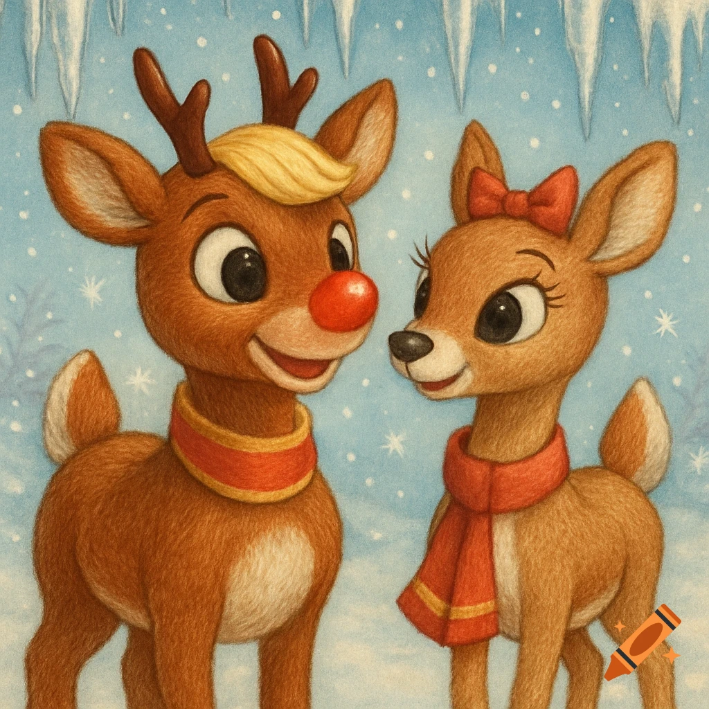 Rudolph the Red-Nosed Reindeer with his girlfriend, a doe with a red bow and scarf, in a snowy winter scene.