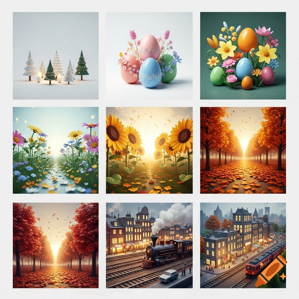 Nine stylized 3D images: Christmas trees, Easter eggs, spring flowers, sunflowers, autumn landscapes, and model trains in a city.