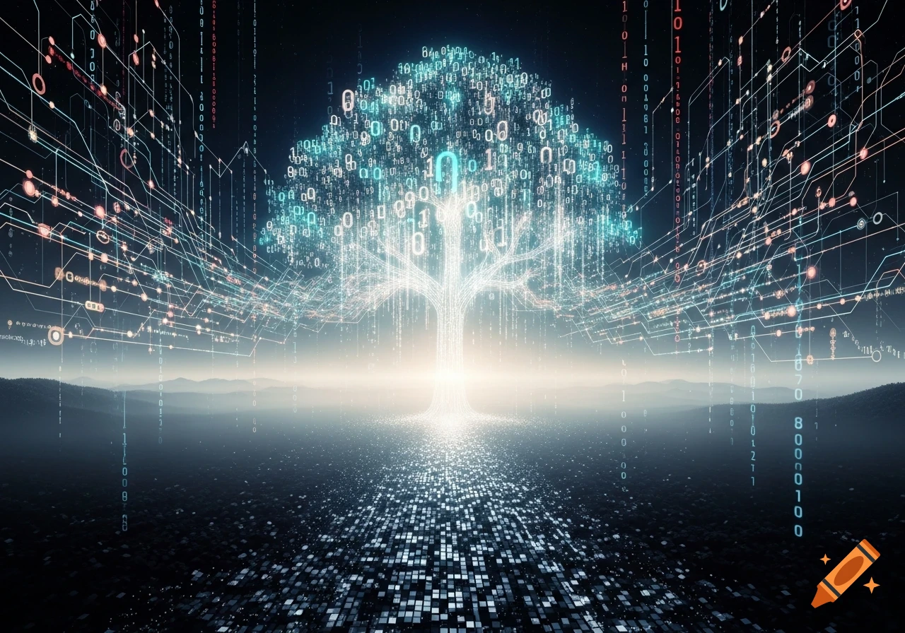 A glowing digital tree made of binary code and light, surrounded by ...