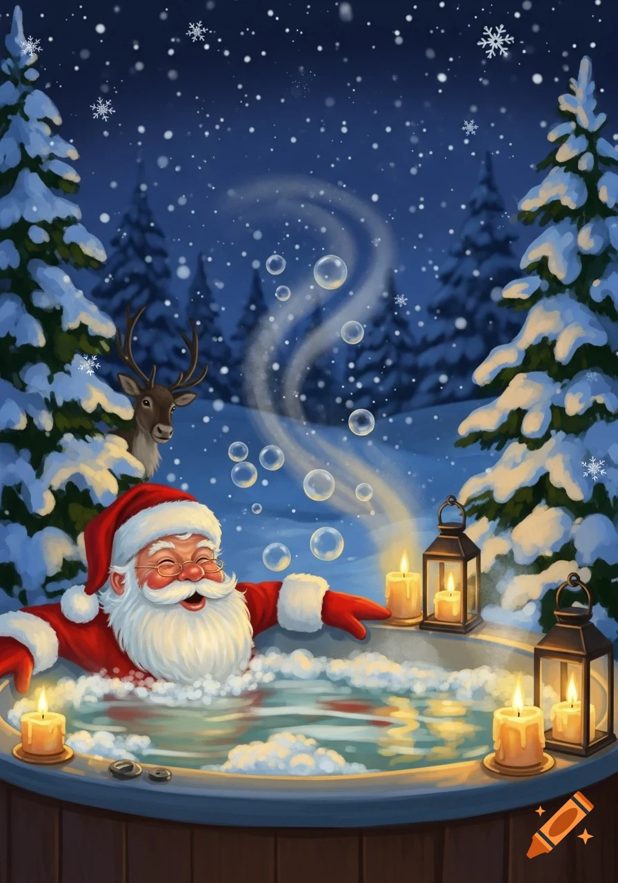 Cartoon of Santa Claus relaxing in a bubbling hot tub in a snowy forest at night, with a reindeer watching and candles glowing.