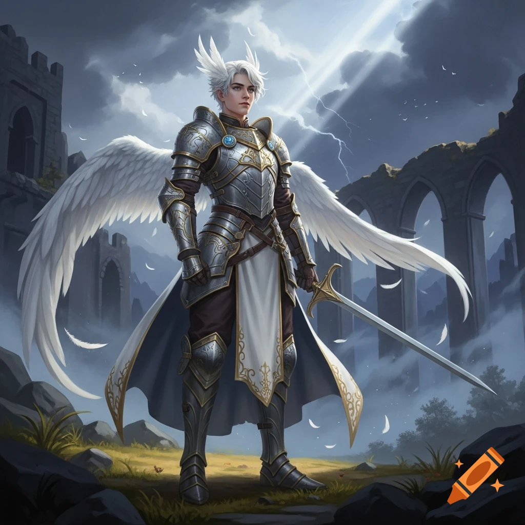 A young angelic knight in ornate silver and gold armor stands in ancient ruins, holding a sword. White wings spread from his back, and feathers fall around him. A stormy sky with a ray of light is overhead.