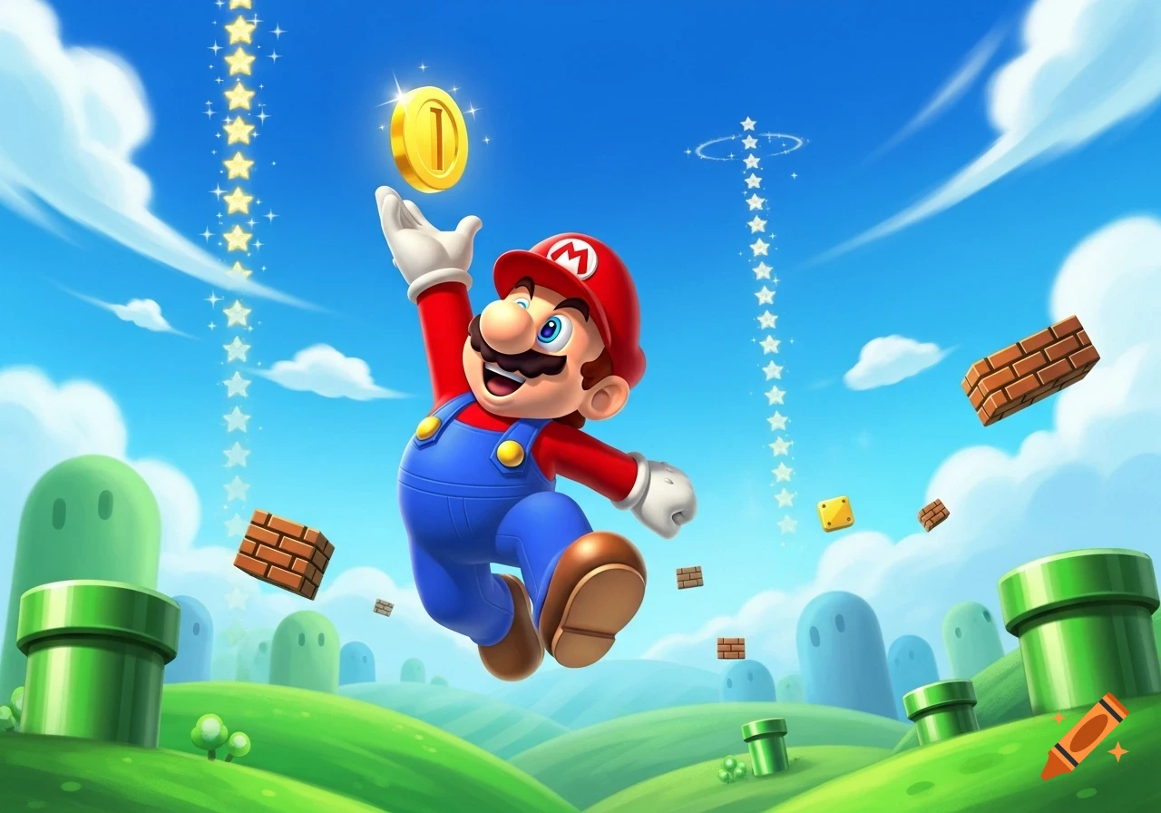 Mario jumps excitedly to grab a golden coin, with classic game elements like green pipes and brick blocks in a vibrant, cartoon landscape.