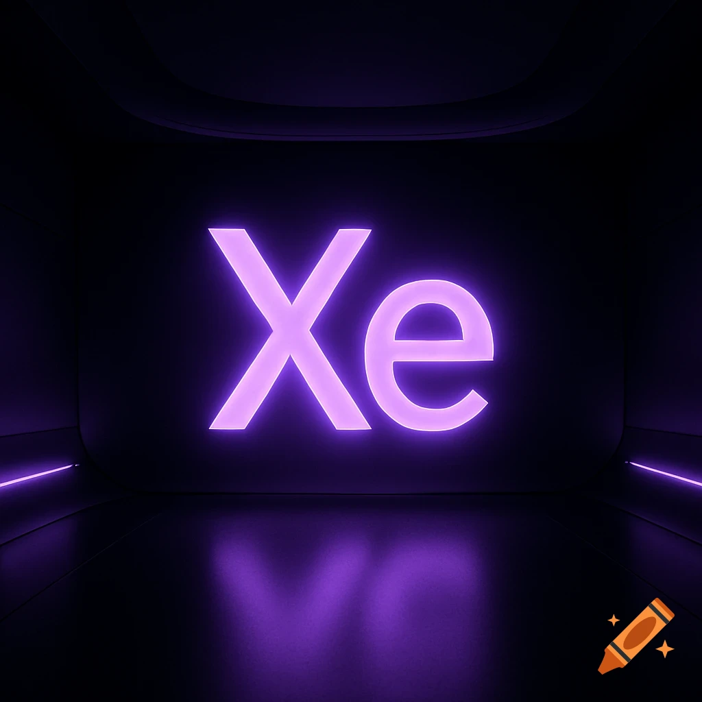 Purple neon letters 'Xe' illuminate a dark, futuristic room with reflective floors.